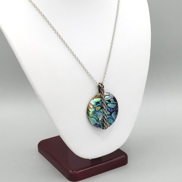 Womens Round Mother Of Pearl Pendant Silver Tone Round Link Chain Necklace 22 in - Picture 3 of 8